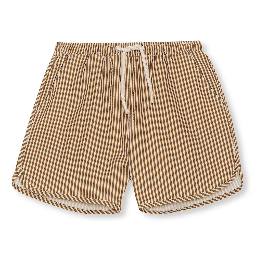 Konges Slojd Asnou swim shorts printed stripe bronze brown zwembroek zwemshort bruin wit gestreept