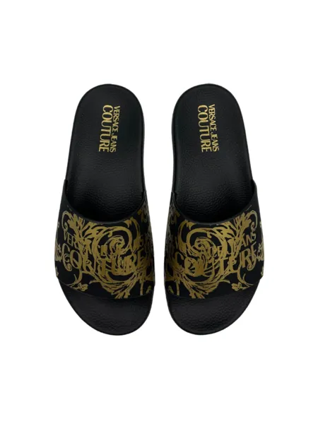 VERSACE JEANS COUTURE VERSACE JEANS COUTURE WOMEN SHELLY METALLIC PRINT SLIDES  BLACK/GOLD